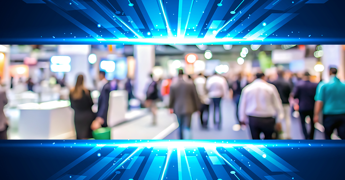 Blurred image of busy trade show floor framed within futuristic graphic shooting out technology themed rays