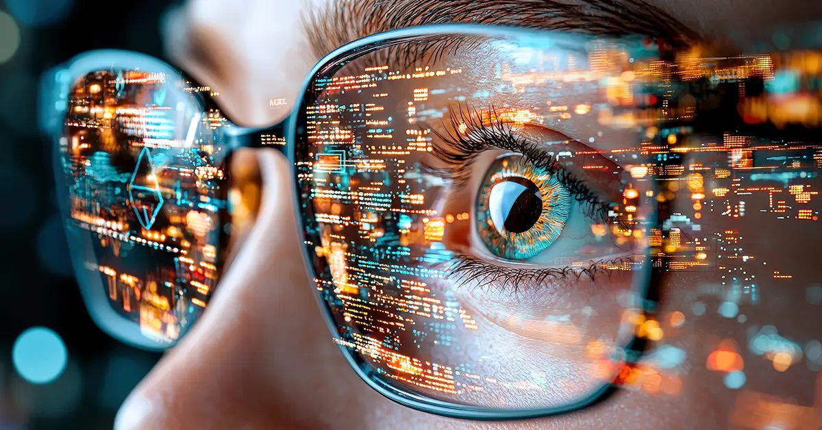 close up of person eye with glasses reflecting digital data, symbolizing technology and information overload